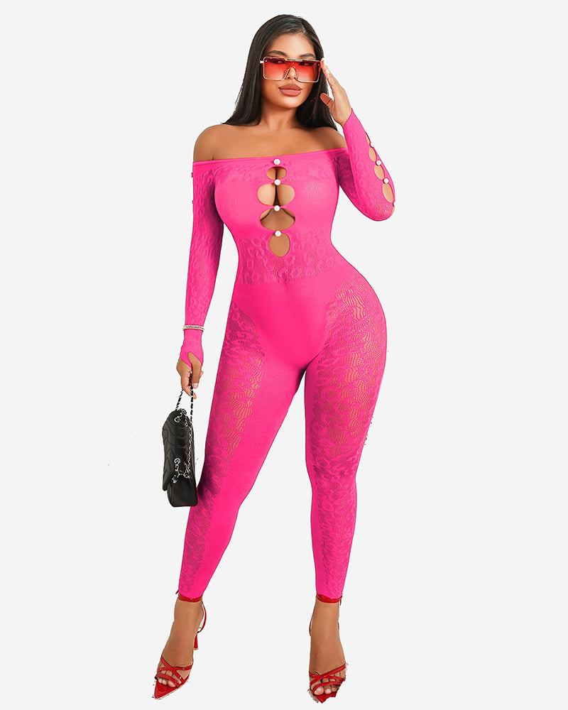 Pink fishnet bodysuit with off-shoulder design, pearl details, and lace. Sexy lingerie by Avidlove.