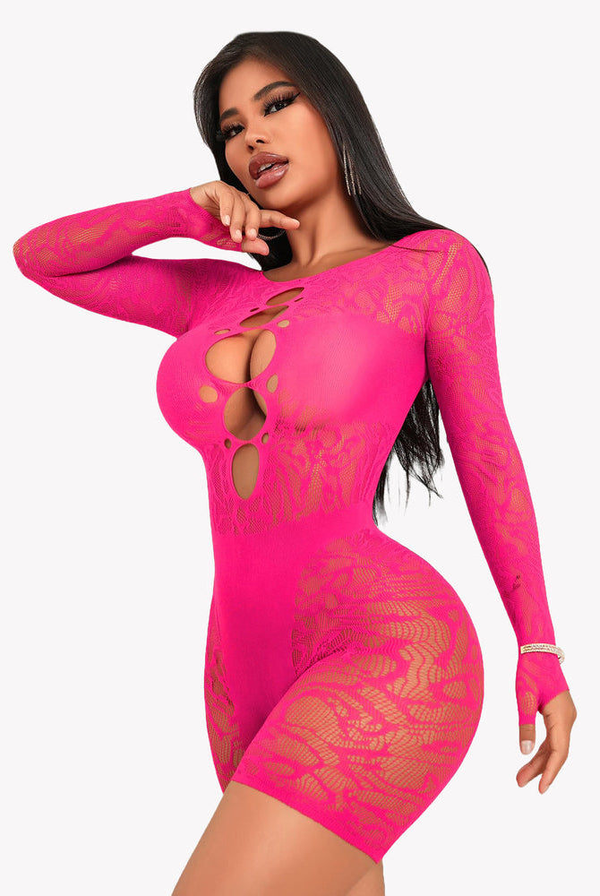 Pink fishnet teddy dress with chest cutout. Sexy lingerie for women, enhancing curves.