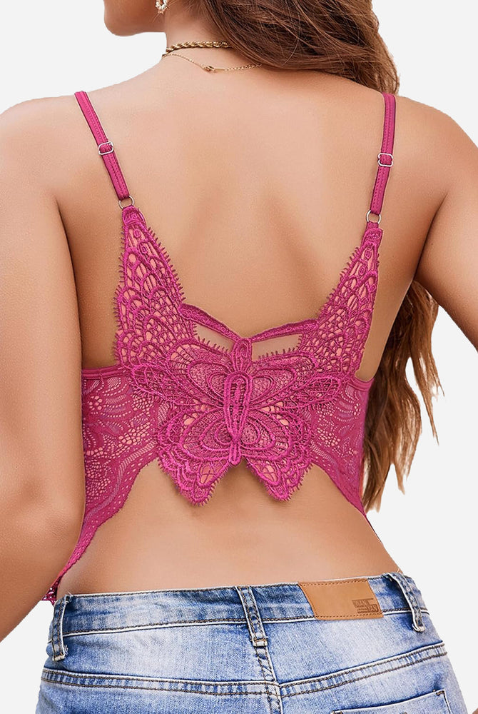 Light pink Avidlove lace butterfly back tank top with spaghetti straps and jeans, stylish design.