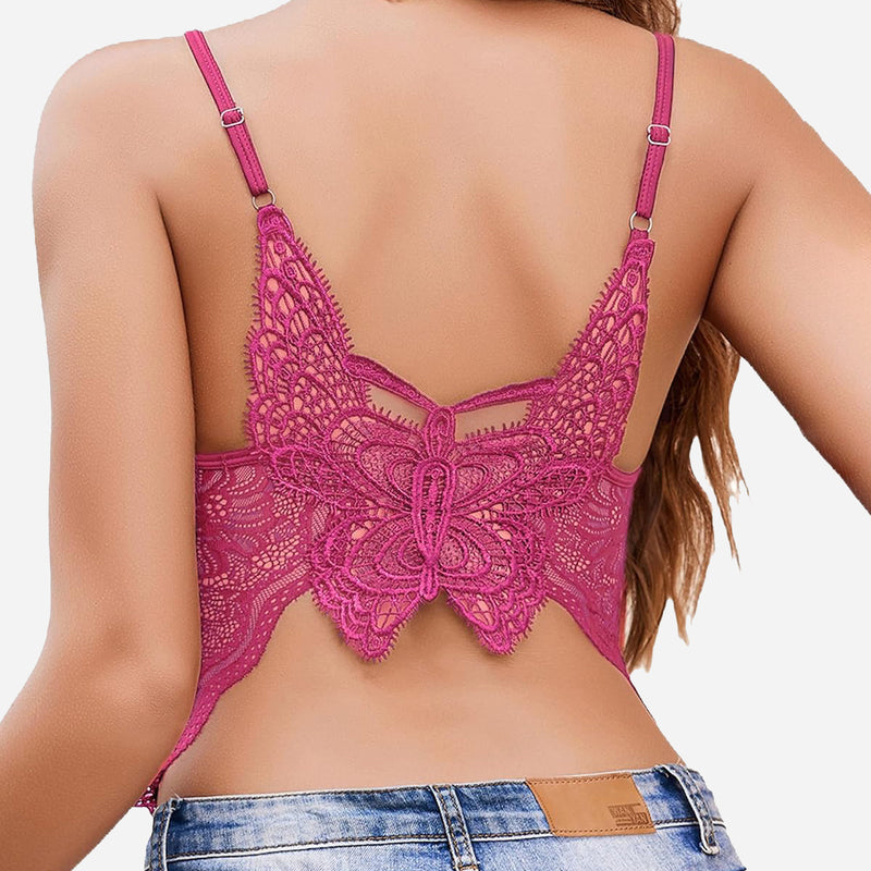 Light pink Avidlove lace butterfly back tank top with spaghetti straps and jeans, stylish design.