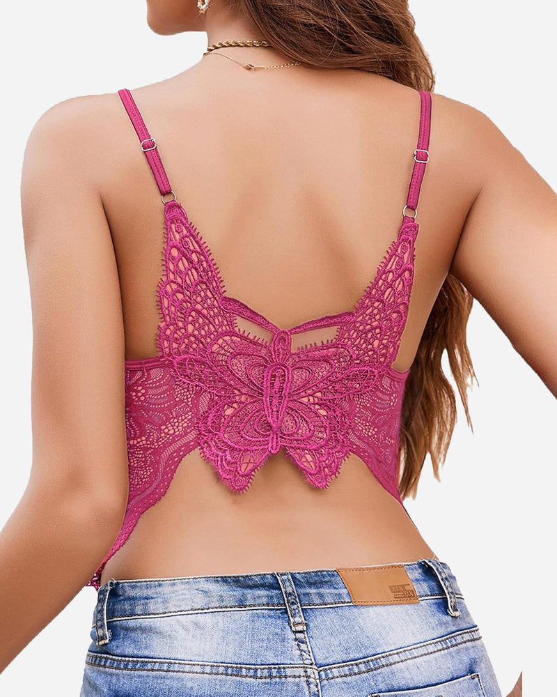 Light pink Avidlove lace butterfly back tank top with spaghetti straps and jeans, stylish design.