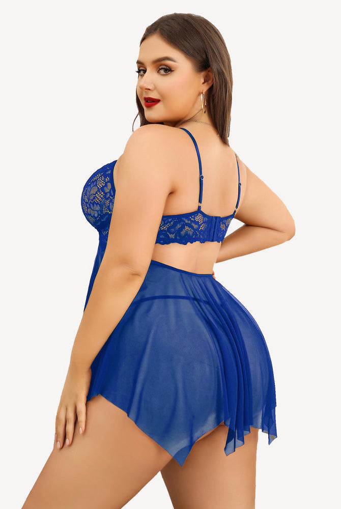 Plus size blue lace babydoll lingerie set with adjustable straps and asymmetrical hem