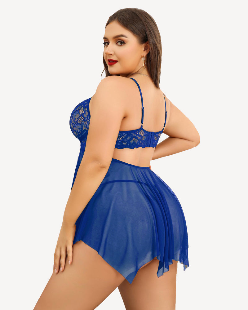 Plus size blue lace babydoll lingerie set with adjustable straps and asymmetrical hem