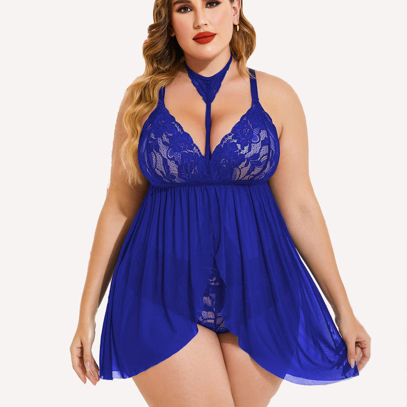 Plus size blue lace babydoll lingerie with mesh overlay and removable choker.