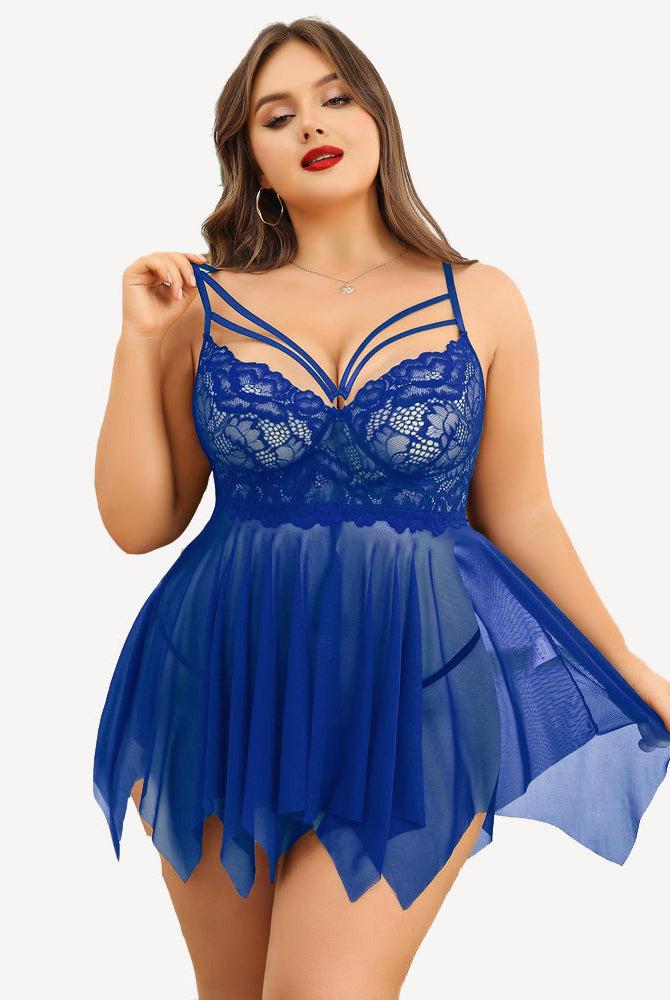 Royal blue plus size lace bridal babydoll lingerie set with adjustable straps and asymmetrical hem