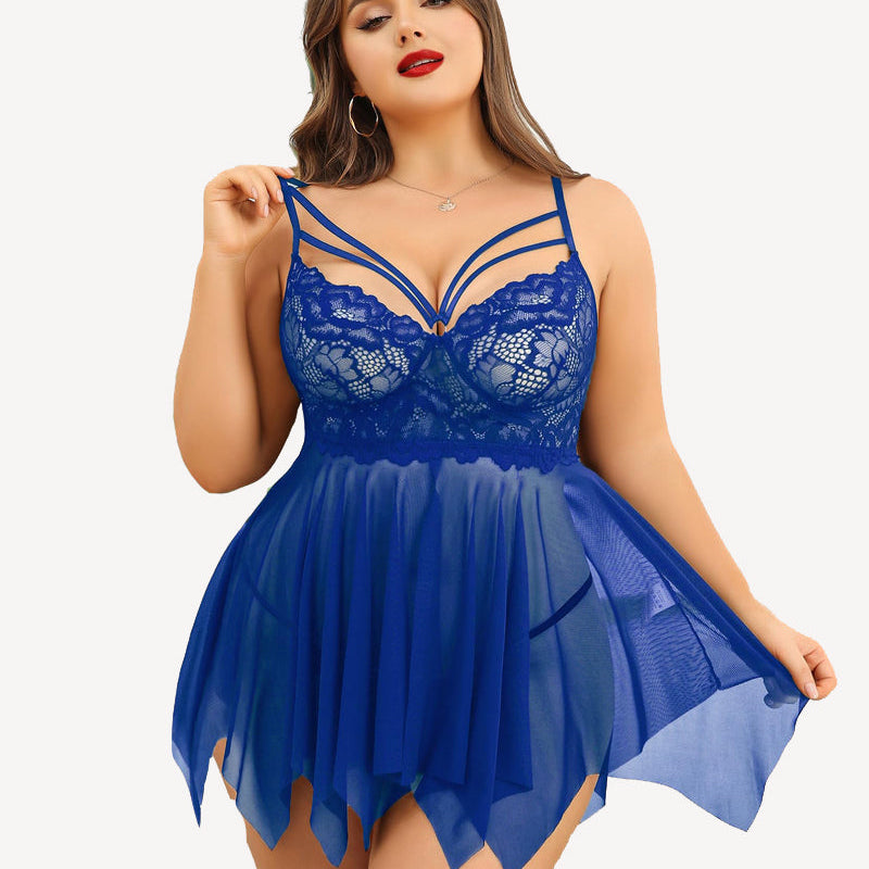 Royal blue plus size lace bridal babydoll lingerie set with adjustable straps and asymmetrical hem