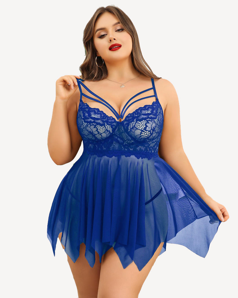 Royal blue plus size lace bridal babydoll lingerie set with adjustable straps and asymmetrical hem