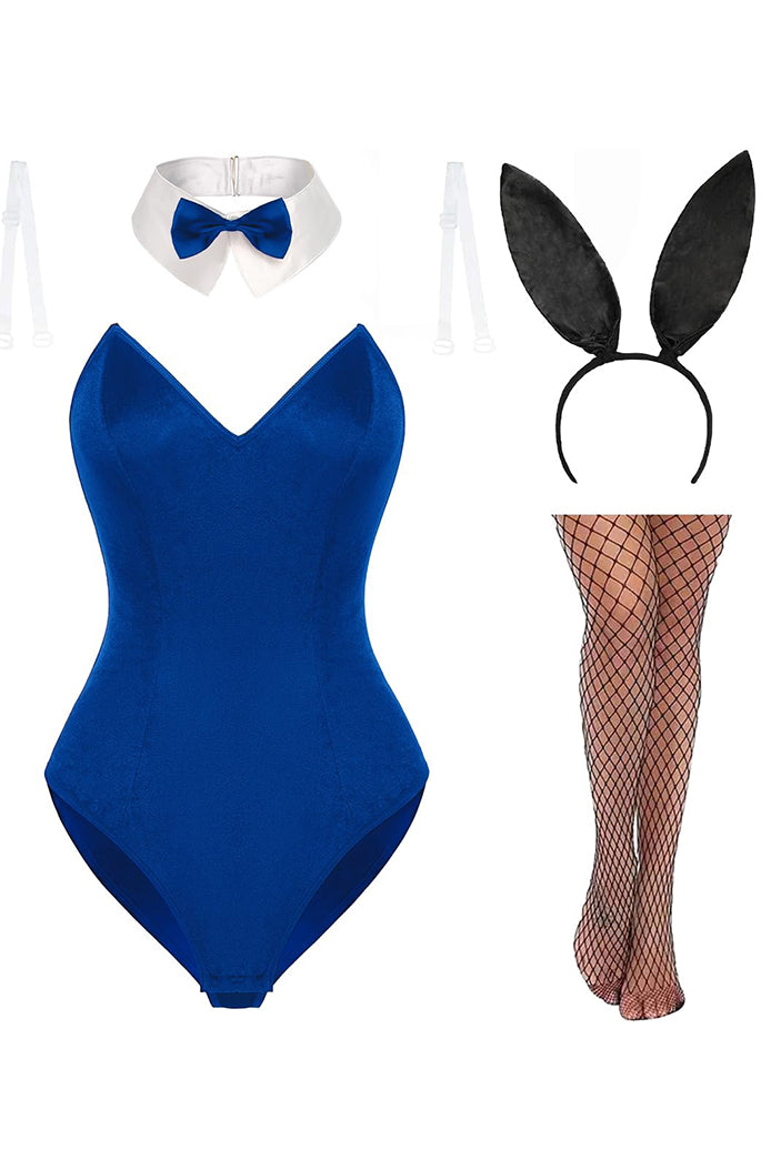 Royal blue velvet bunny bodysuit with bow collar, ear headband, and fishnet stockings