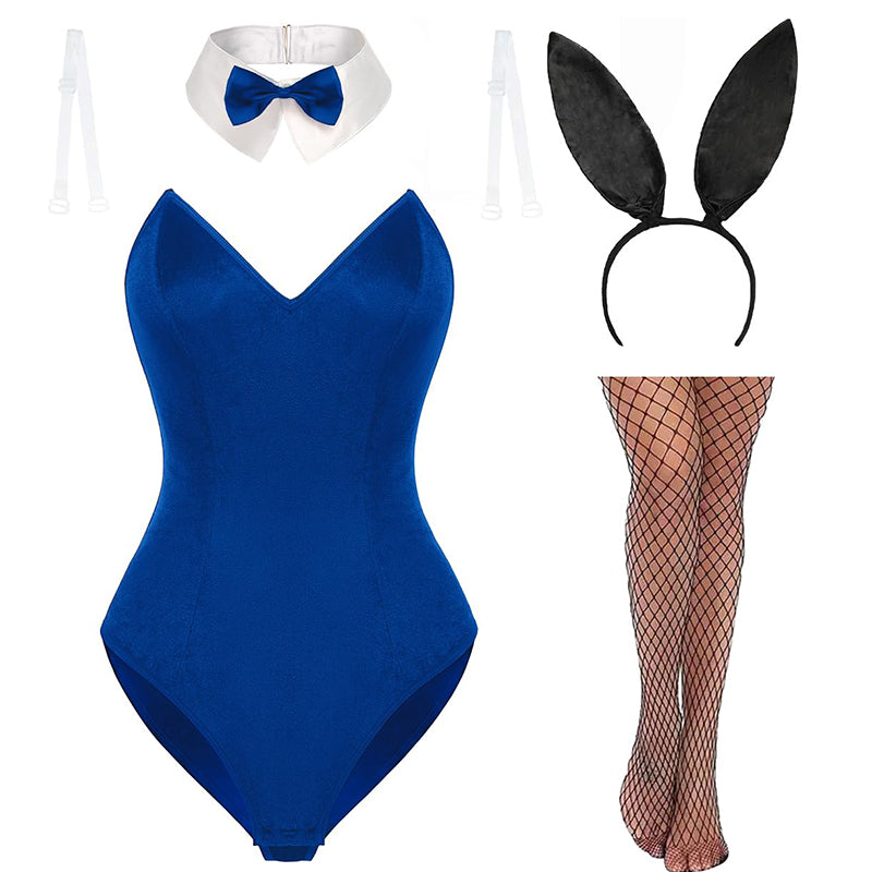 Royal blue velvet bunny bodysuit with bow collar, ear headband, and fishnet stockings