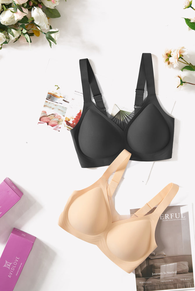 Avidlove seamless comfort bras, black and beige, wire-free, adjustable, all-day comfort.