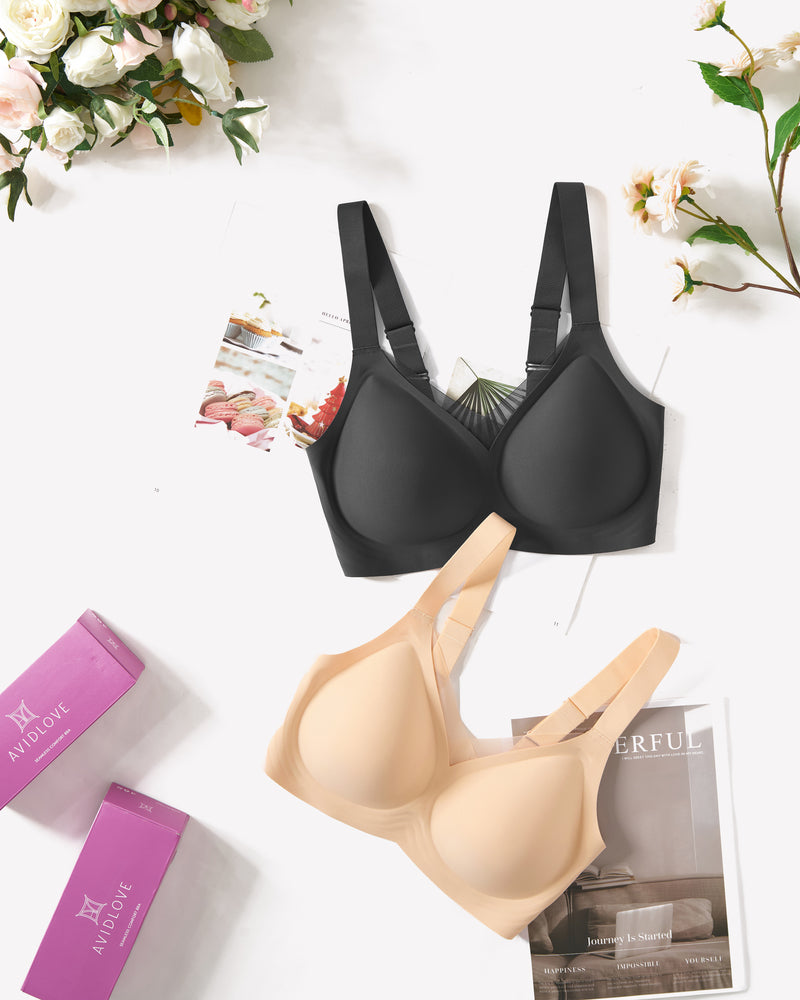 Avidlove seamless comfort bras, black and beige, wire-free, adjustable, all-day comfort.