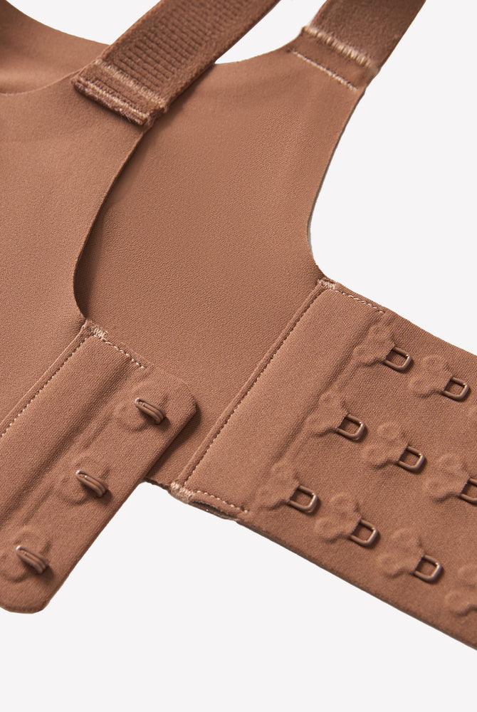 Beige wireless push up bra, seamless smoothing, adjustable straps, hook closure, comfortable support