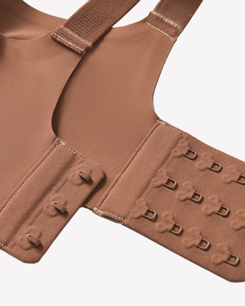 Beige wireless push up bra, seamless smoothing, adjustable straps, hook closure, comfortable support