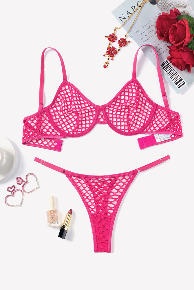 Hot pink fishnet push-up bra and sheer thong set, hollow grid cups