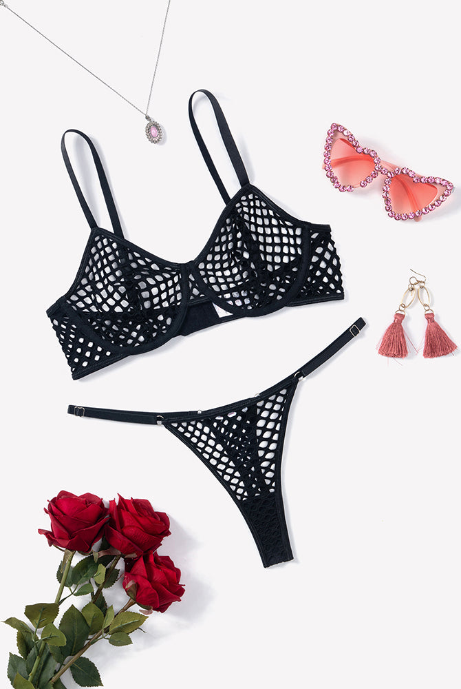Black fishnet push-up bra and thong set, hollow grid cups with thin straps