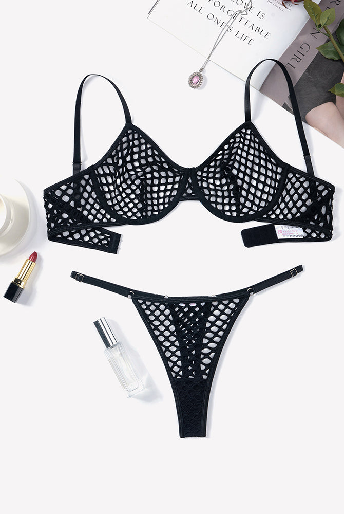 Black fishnet push-up bra and thong set, hollow grid cups and thong waistband