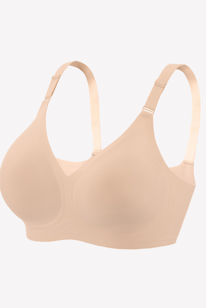 Beige wireless push-up bra, V-neck, full coverage, seamless smoothing, comfortable support.
