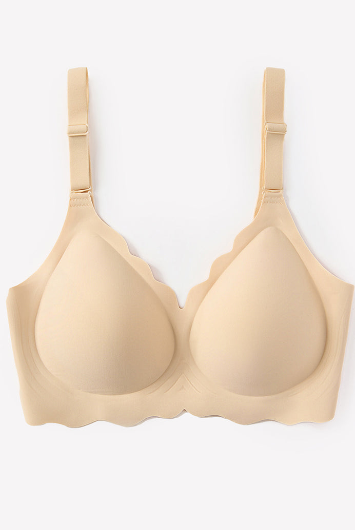 Beige wireless full coverage push up bra with scalloped edge, soft nylon, comfortable fit