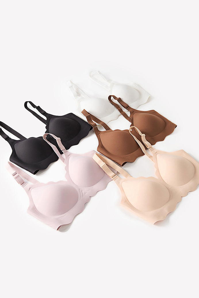 Wireless full coverage push up bras in multiple colors, scalloped edge design