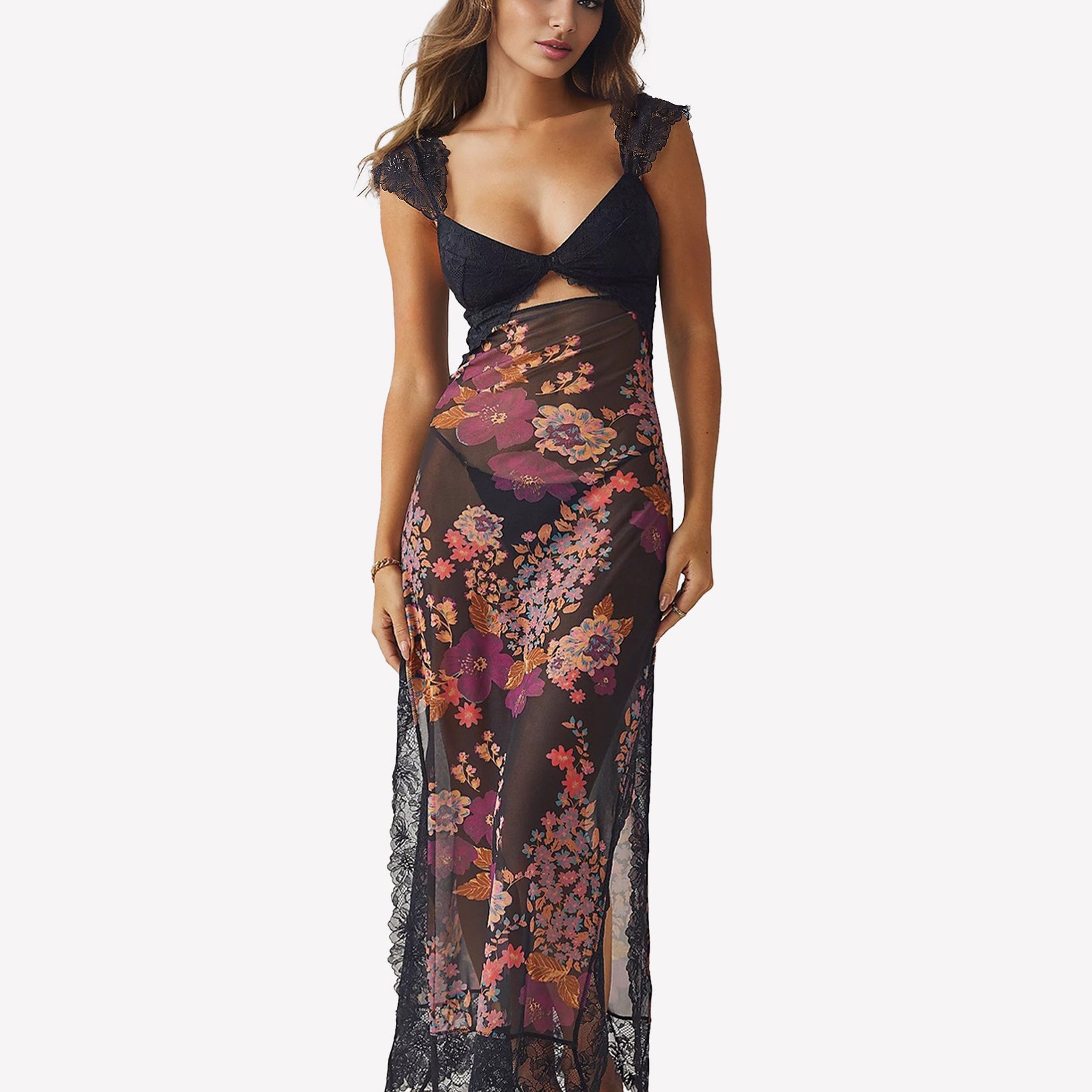 Black floral maxi slip dress with sweetheart neckline and side slit