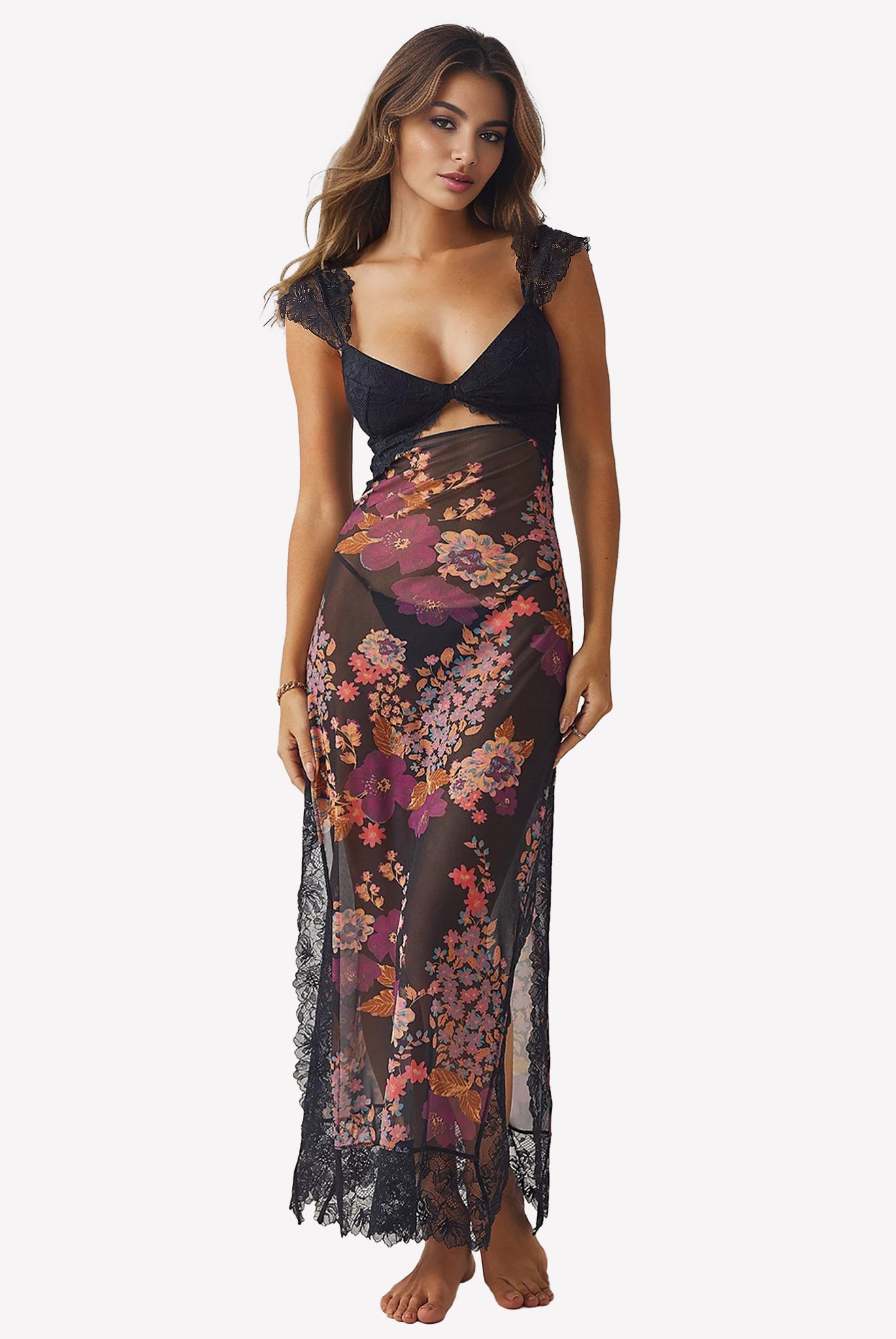 Black floral maxi slip dress with sweetheart neckline and side slit