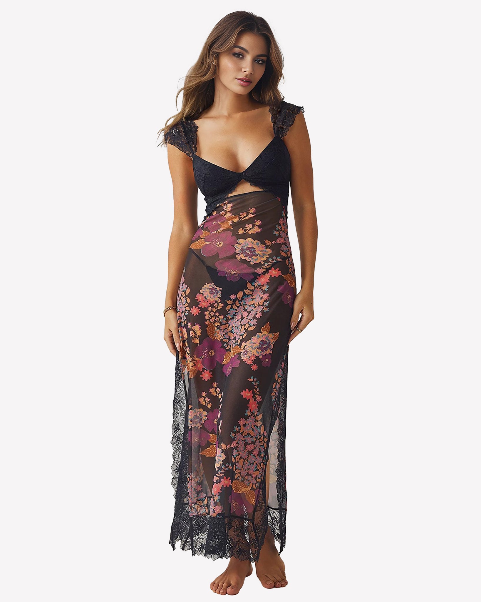 Black floral maxi slip dress with sweetheart neckline and side slit