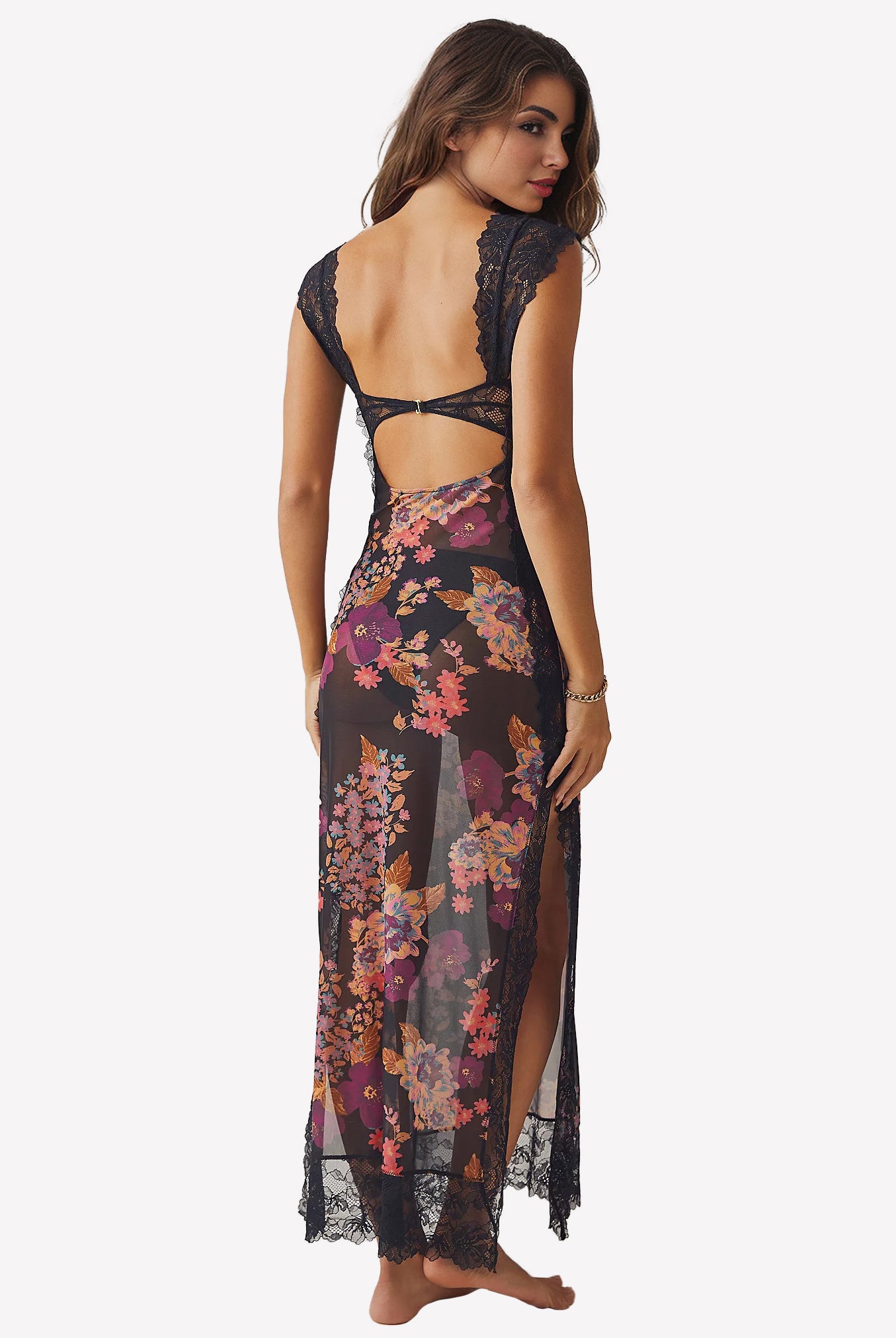 Floral maxi slip dress with sweetheart neckline, back cutout, and side slit