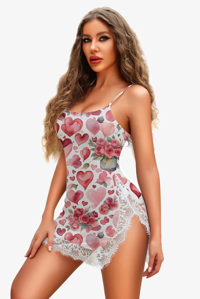 Pink heart-and-rose print mini dress with lace trim, spaghetti straps, side slit