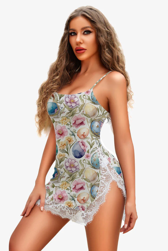 White floral Easter egg print mini dress with lace trim and spaghetti straps
