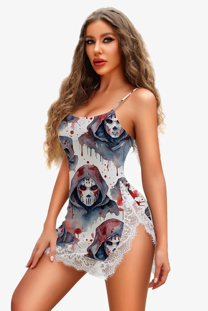 White mini dress with red skull print, lace side panels and side-slit hem