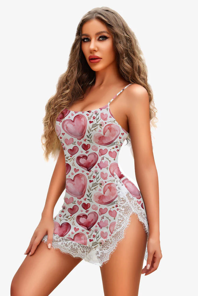 Pink heart-print mini dress with lace trim, spaghetti straps, side slit