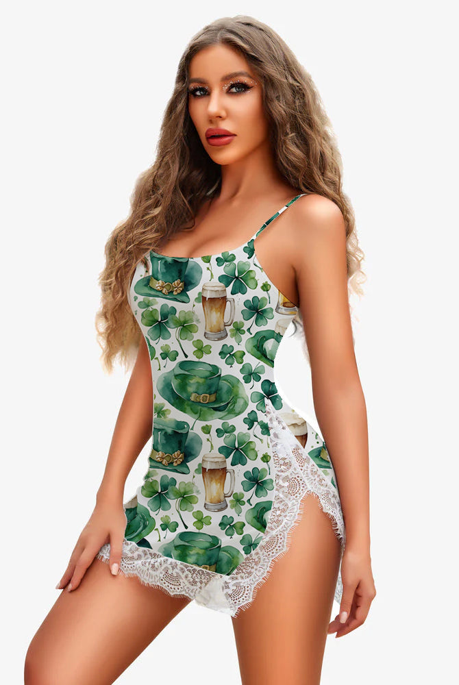 St. Patrick's Day lace side slit dress, white and green clover print with scalloped hem