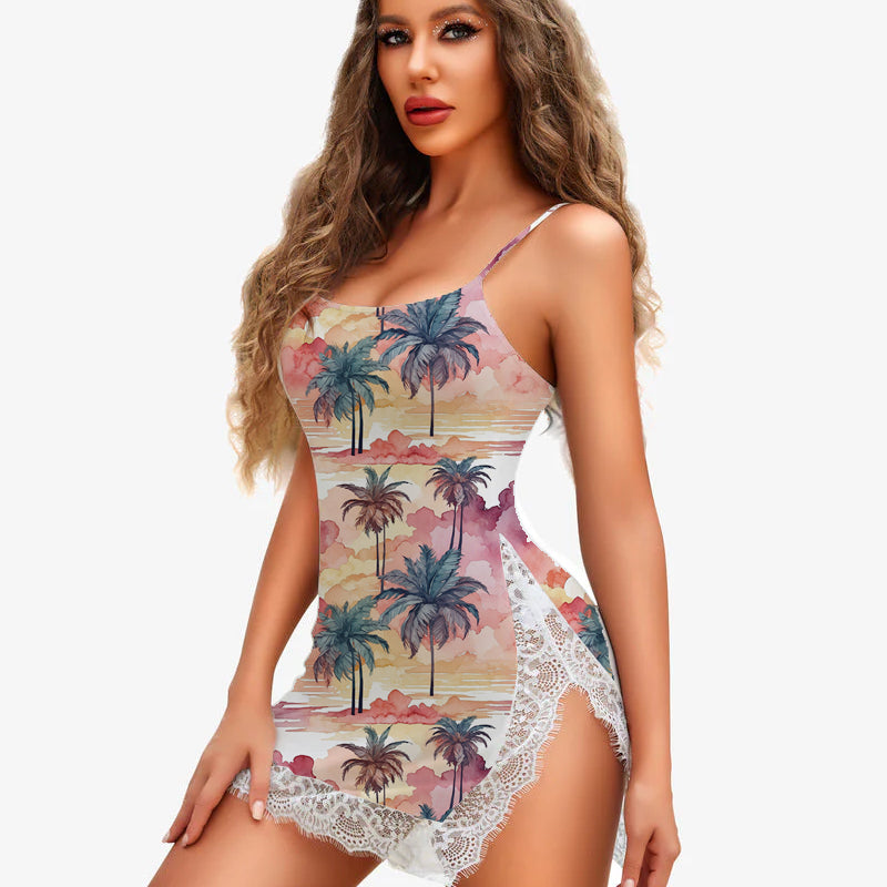 Avidlove Sunset Palm Trees Lace Side Slit Dress. Palm print mini dress with lace.