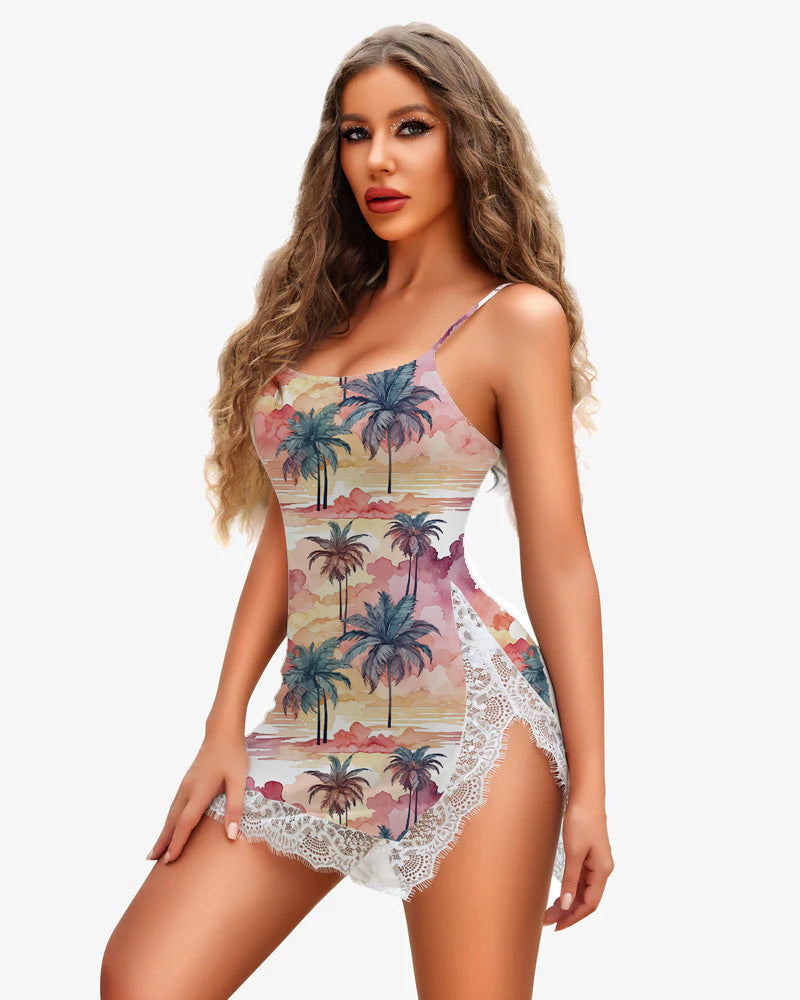 Avidlove Sunset Palm Trees Lace Side Slit Dress. Palm print mini dress with lace.
