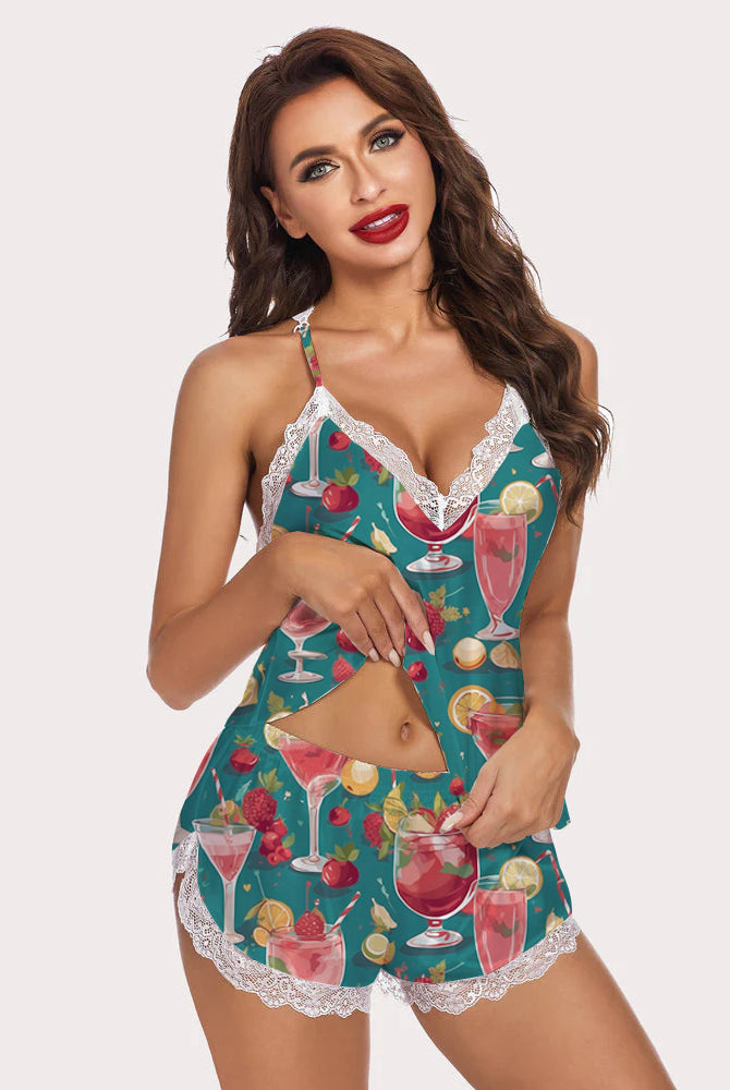 Fruit Wine Glass Pajamas Set in teal with fruit wine pattern and lace trim, soft and breathable.