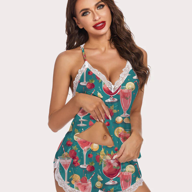 Fruit Wine Glass Pajamas Set in teal with fruit wine pattern and lace trim, soft and breathable.