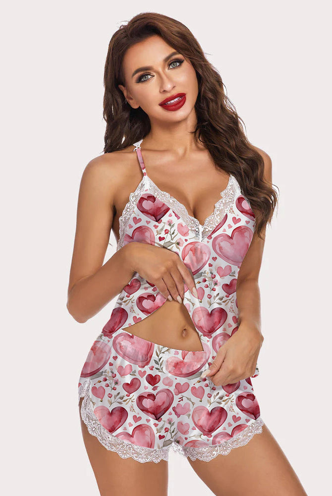 Heart Floral Pajamas Set, soft and breathable, lace trim, perfect for a cozy night