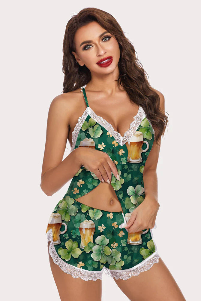 St. Patrick's Day green pajama set with shamrock and beer print, lace trim, and a smiling model.