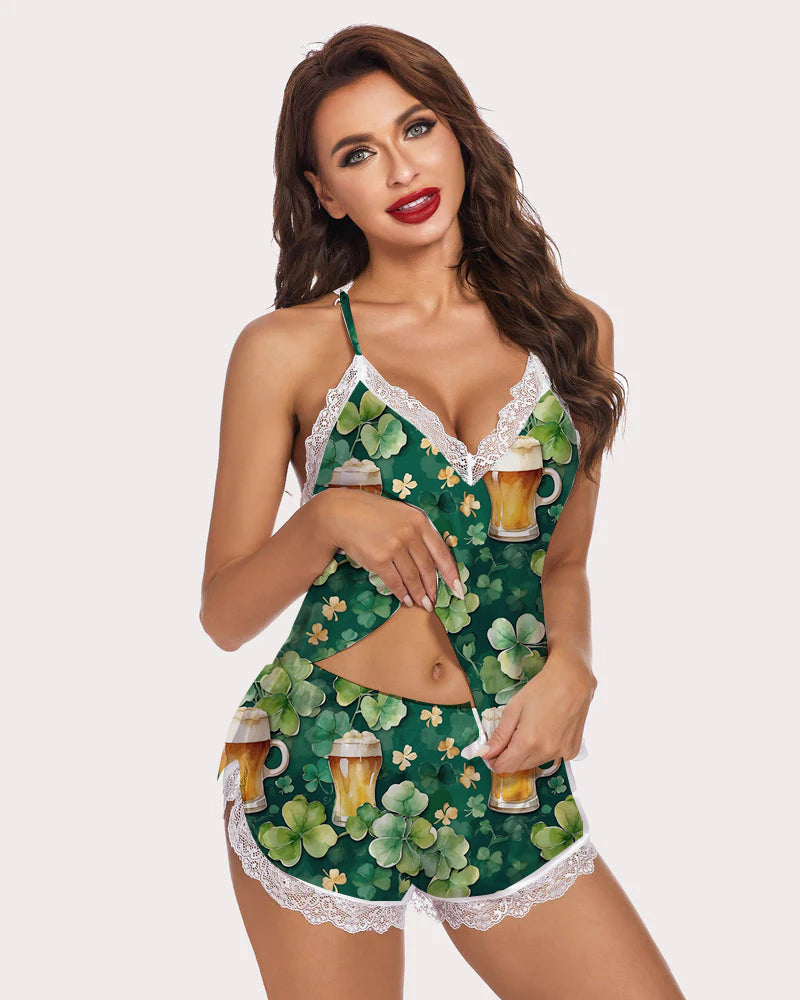 St. Patrick's Day green pajama set with shamrock and beer print, lace trim, and a smiling model.