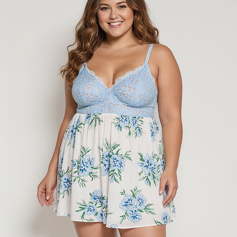 Babydoll dress with light blue lace bodice and white floral skirt, sleeveless