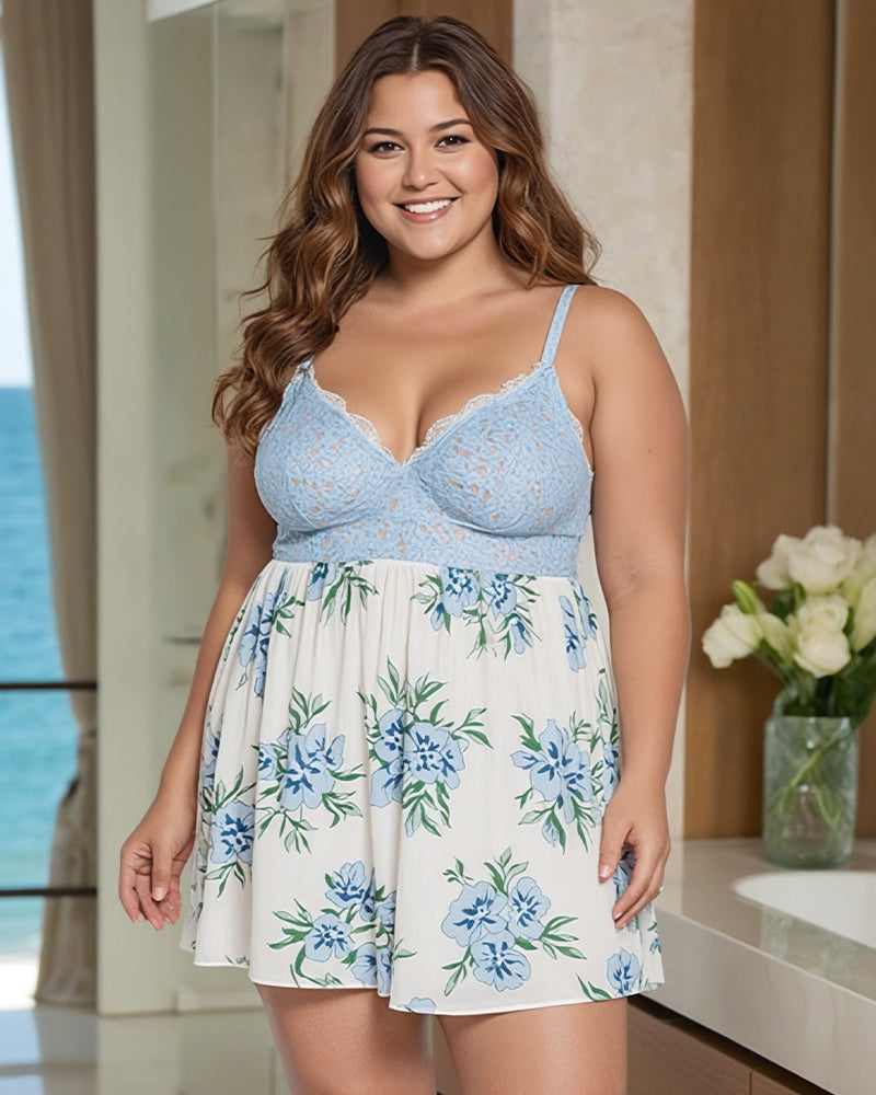 Plus Size Floral Babydoll. Model in blue lace top and white floral skirt, comfy and charming.