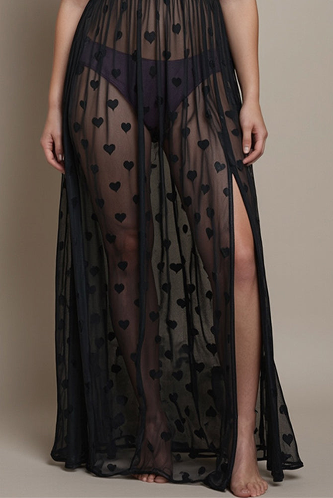 Plus Size Heart Sheer Lace Long Dress in black with heart pattern and high slit