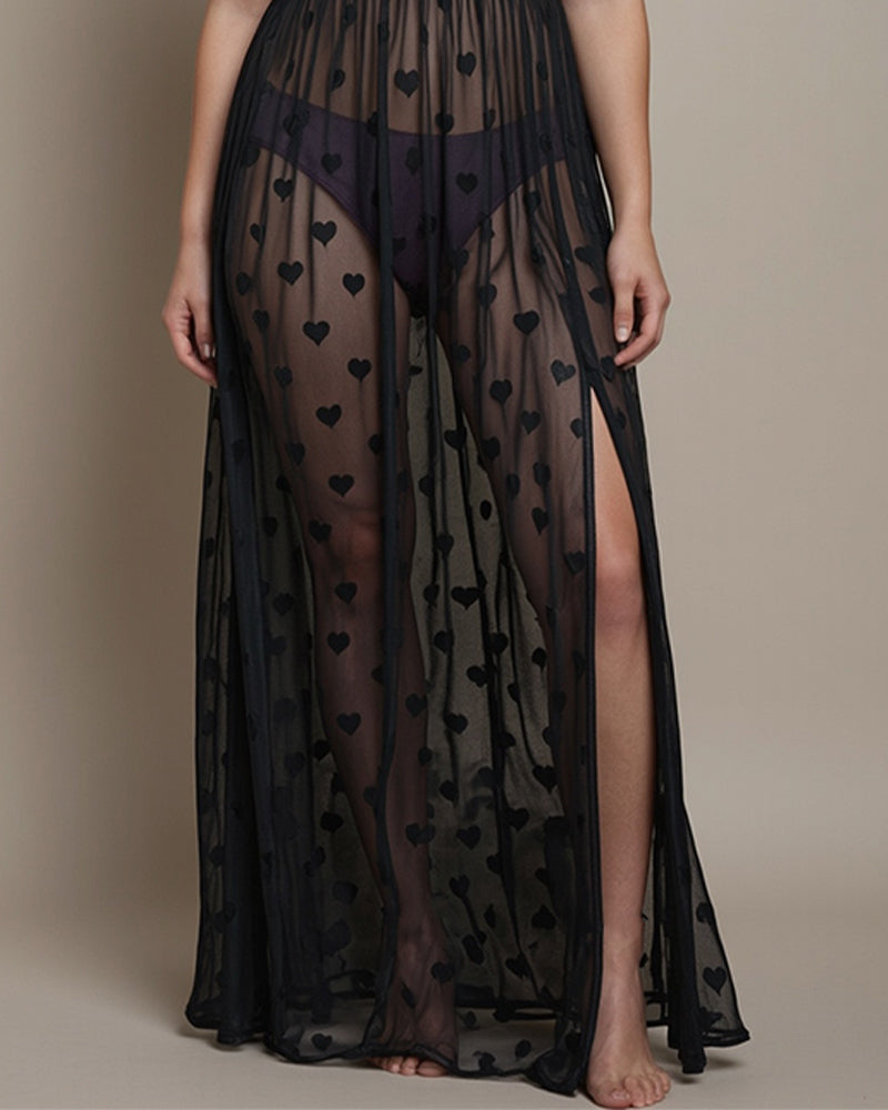 Plus Size Heart Sheer Lace Long Dress in black with heart pattern and high slit