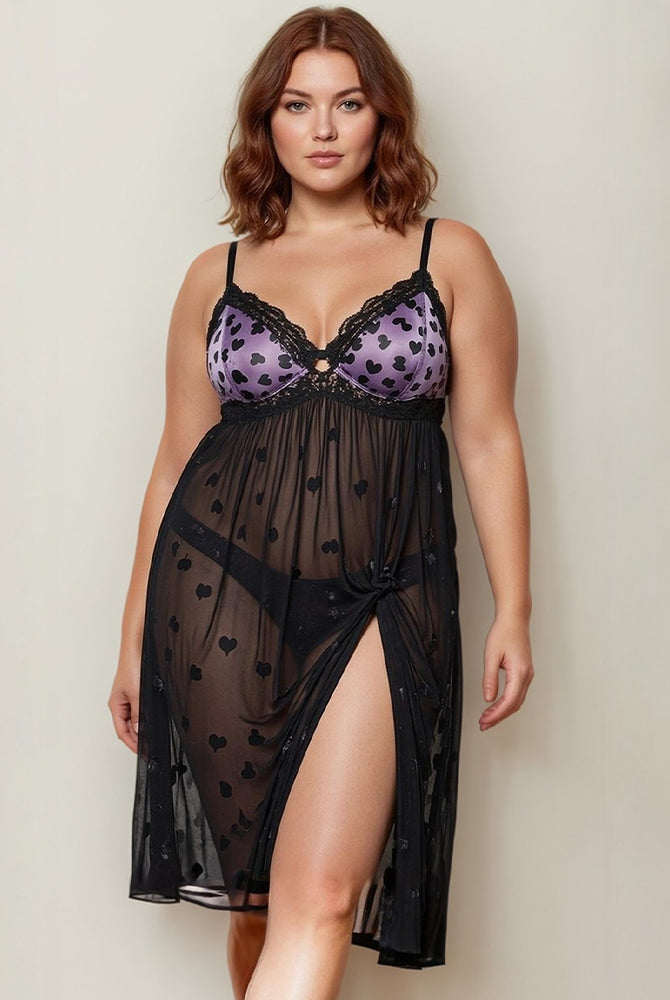 Sheer lace mid-dress with heart-print bust, draped skirt and front slit