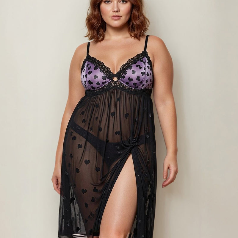 Sheer lace mid-dress with heart-print bust, draped skirt and front slit
