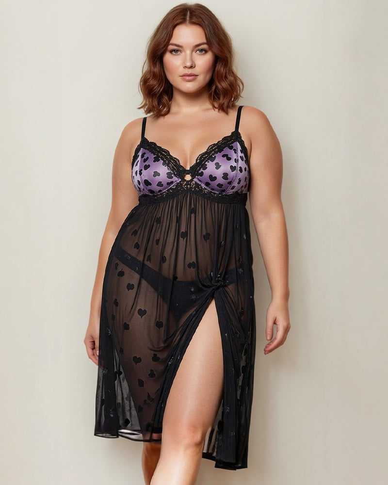 Plus Size Heart Sheer Lace Mid-Dress. Black babydoll with heart pattern and purple satin bra.