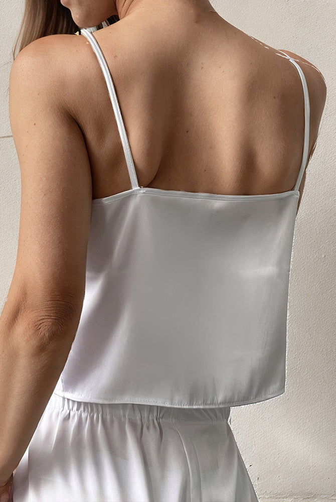 White satin tank and shorts pajama set, racerback and elastic shorts waistband