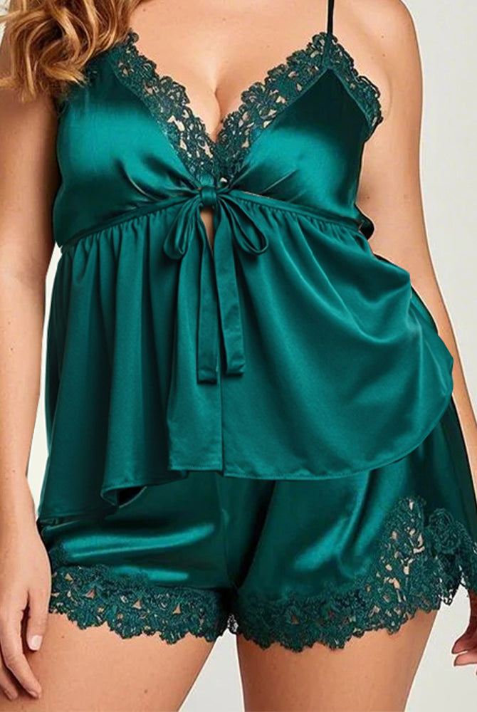 Green lace-trim tie-front camisole with matching satin shorts and lace-trim hem