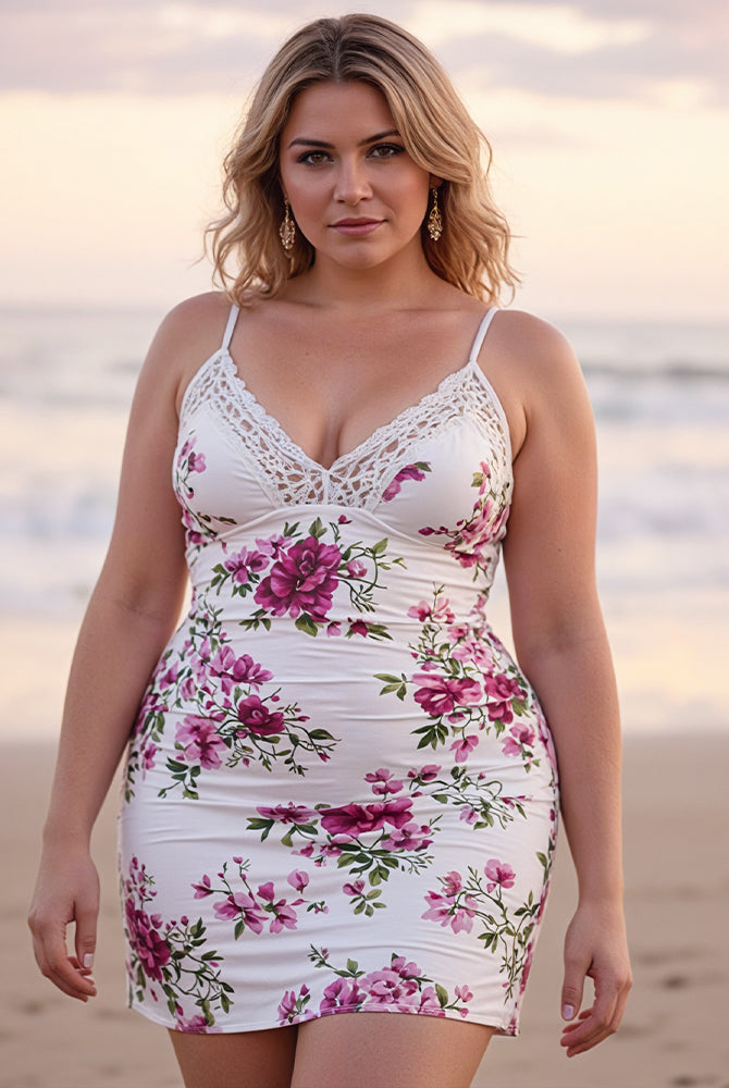 Plus size floral chemise with white lace V-neck, spaghetti straps, pink bouquet print