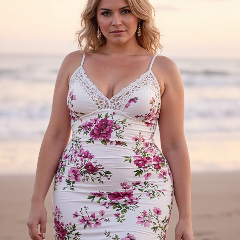 Plus size floral chemise with white lace V-neck, spaghetti straps, pink bouquet print